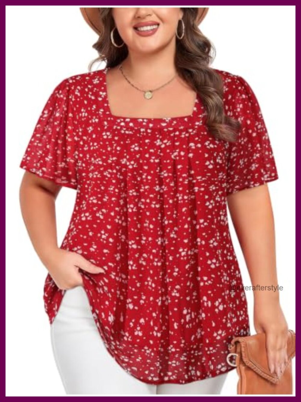 Plus Size Chiffon Square Neck Short Sleeve Tunic Blouse